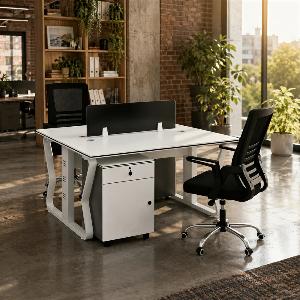 LIVARA Office Desk Set 120cm 2-Person Workstation with 2 Mobile Cabinets & 2 Swivel Chairs - White