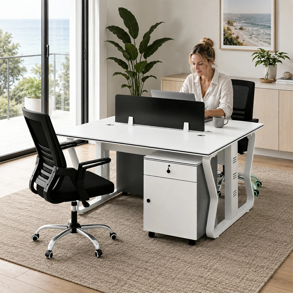 LIVARA Office Desk Set 120cm 2-Person Workstation with 2 Mobile Cabinets & 2 Swivel Chairs - White