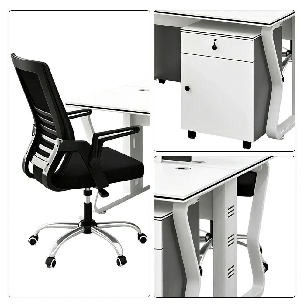 LIVARA Office Desk Set 120cm 2-Person Workstation with 2 Mobile Cabinets & 2 Swivel Chairs - White