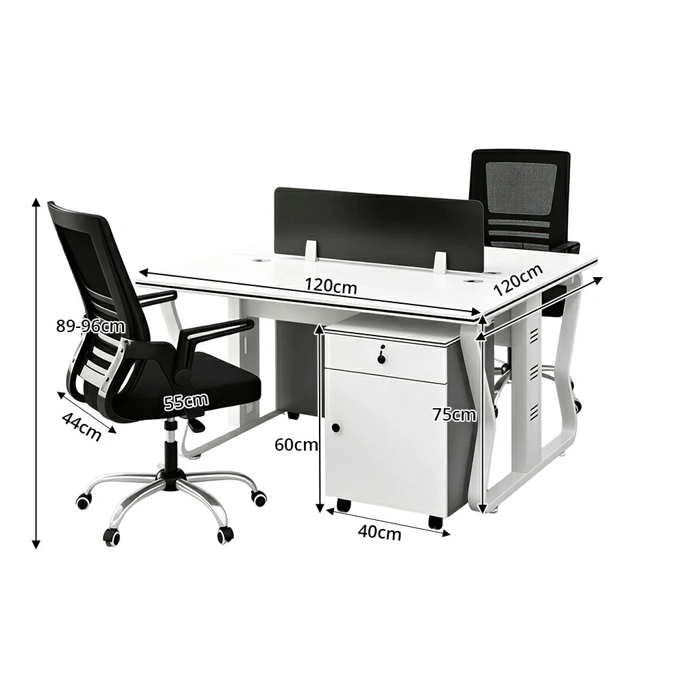 LIVARA Office Desk Set 120cm 2-Person Workstation with 2 Mobile Cabinets & 2 Swivel Chairs - White