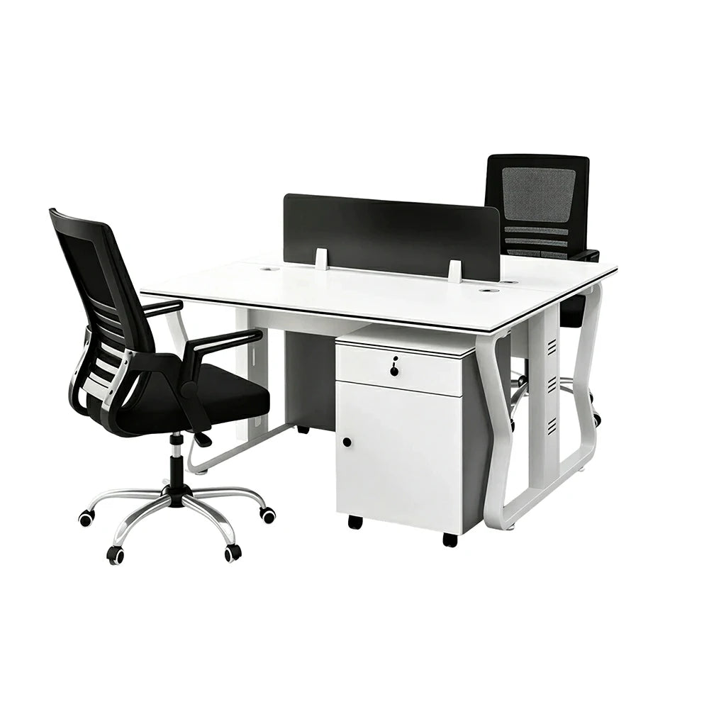 LIVARA Office Desk Set 120cm 2-Person Workstation with 2 Mobile Cabinets & 2 Swivel Chairs - White