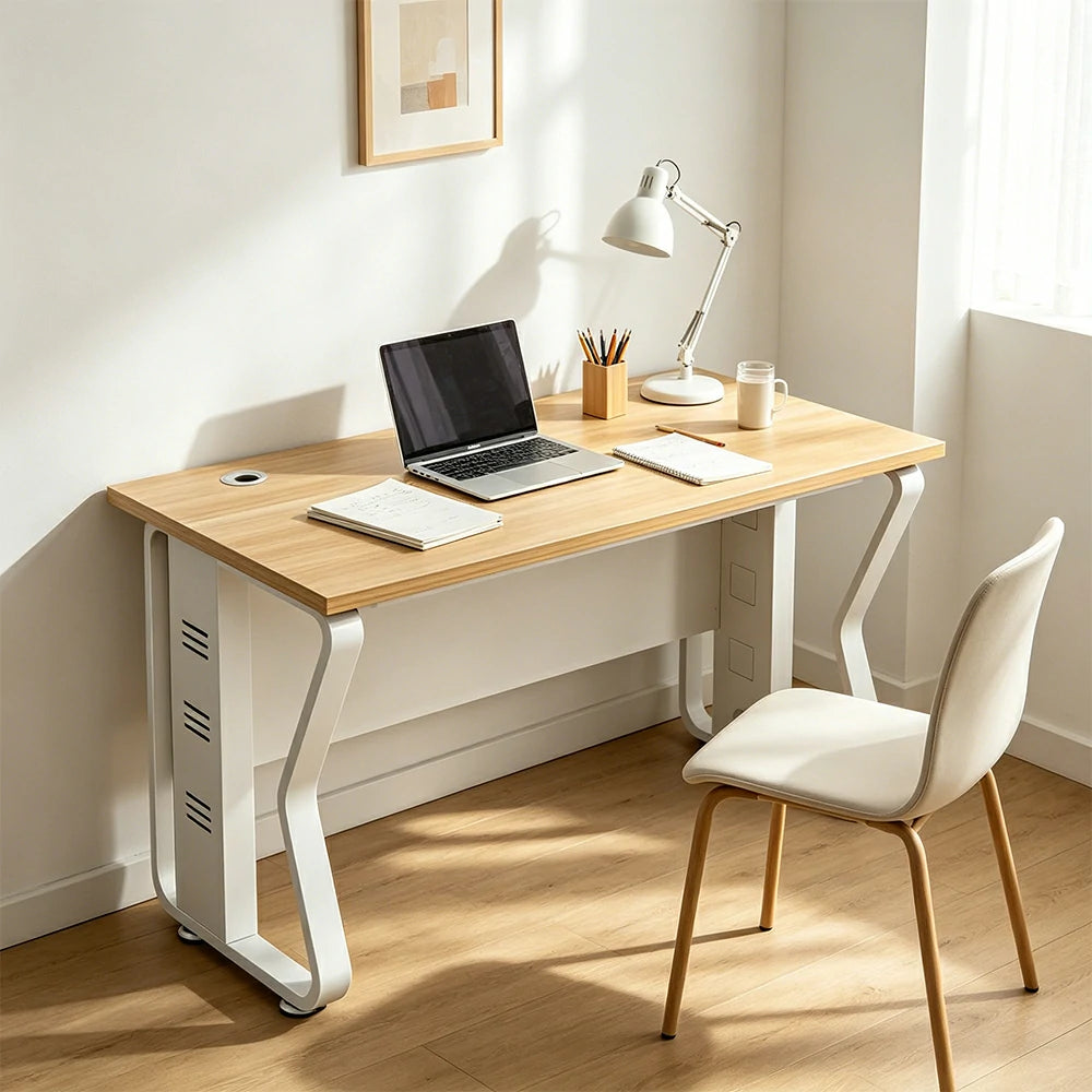 LIVARA Single Office Desk 120cm Workstation with Cable Management, E1 Board & Steel Frame - Light Walnut & White