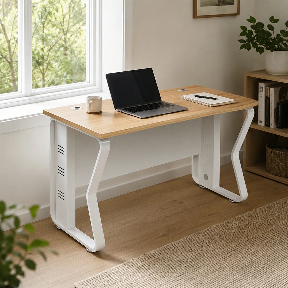 LIVARA Single Office Desk 120cm Workstation with Cable Management, E1 Board & Steel Frame - Light Walnut & White