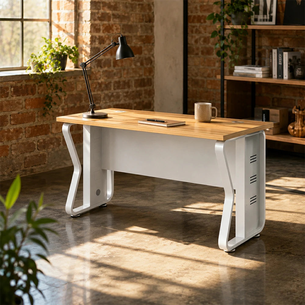 LIVARA Single Office Desk 120cm Workstation with Cable Management, E1 Board & Steel Frame - Light Walnut & White