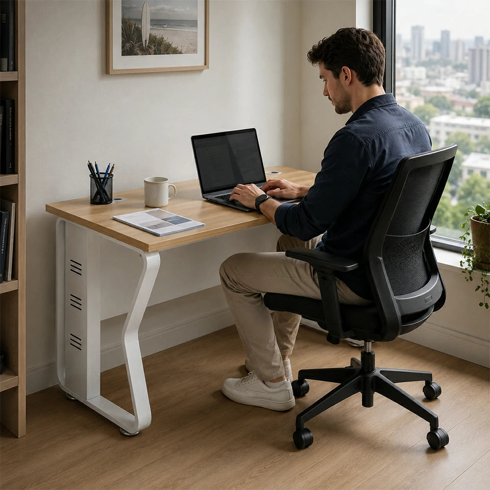 LIVARA Single Office Desk 120cm Workstation with Cable Management, E1 Board & Steel Frame - Light Walnut & White