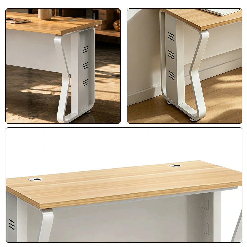 LIVARA Single Office Desk 120cm Workstation with Cable Management, E1 Board & Steel Frame - Light Walnut & White