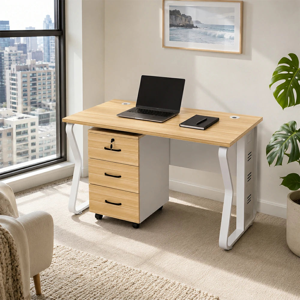 LIVARA Single Office Desk with Mobile Cabinet 120cm Workstation with Cable Management, E1 Board & Steel Frame - Light Walnut & White