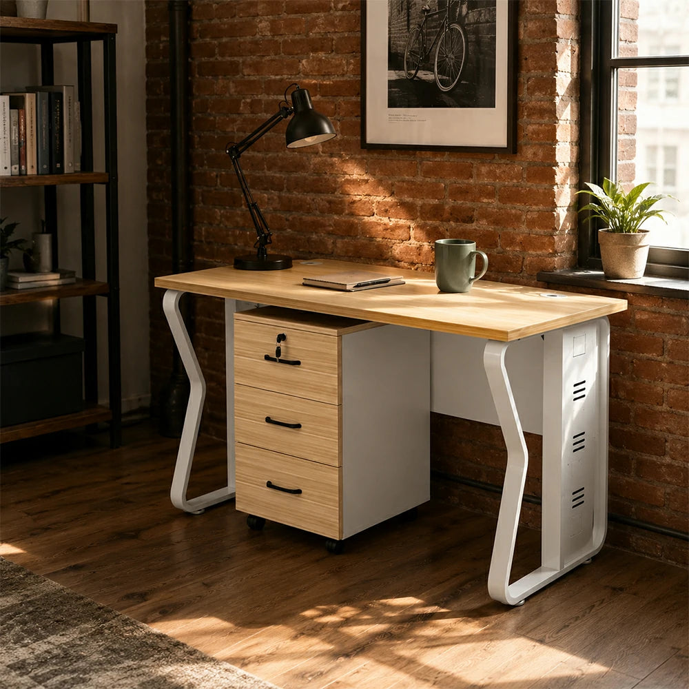 LIVARA Single Office Desk with Mobile Cabinet 120cm Workstation with Cable Management, E1 Board & Steel Frame - Light Walnut & White