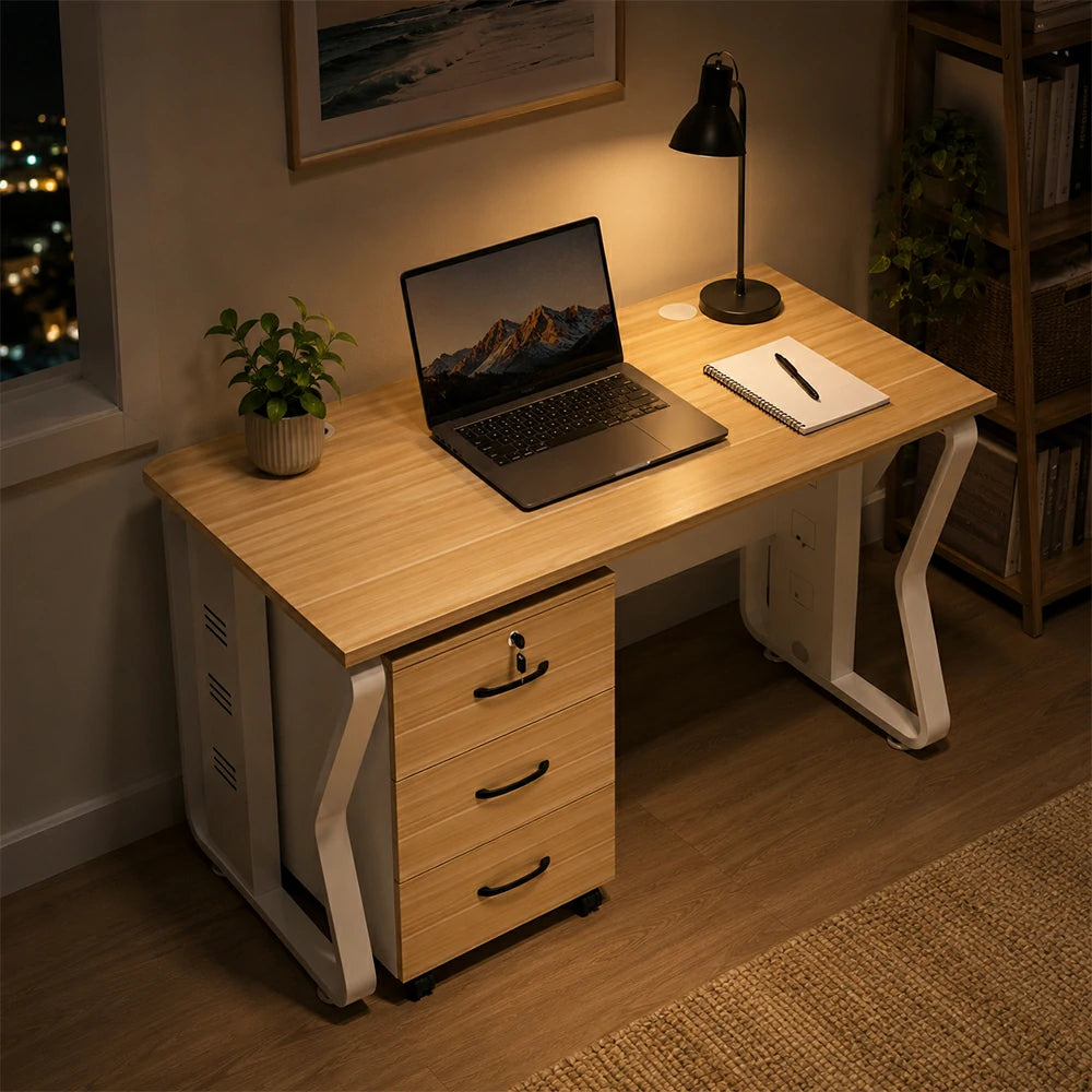 LIVARA Single Office Desk with Mobile Cabinet 120cm Workstation with Cable Management, E1 Board & Steel Frame - Light Walnut & White