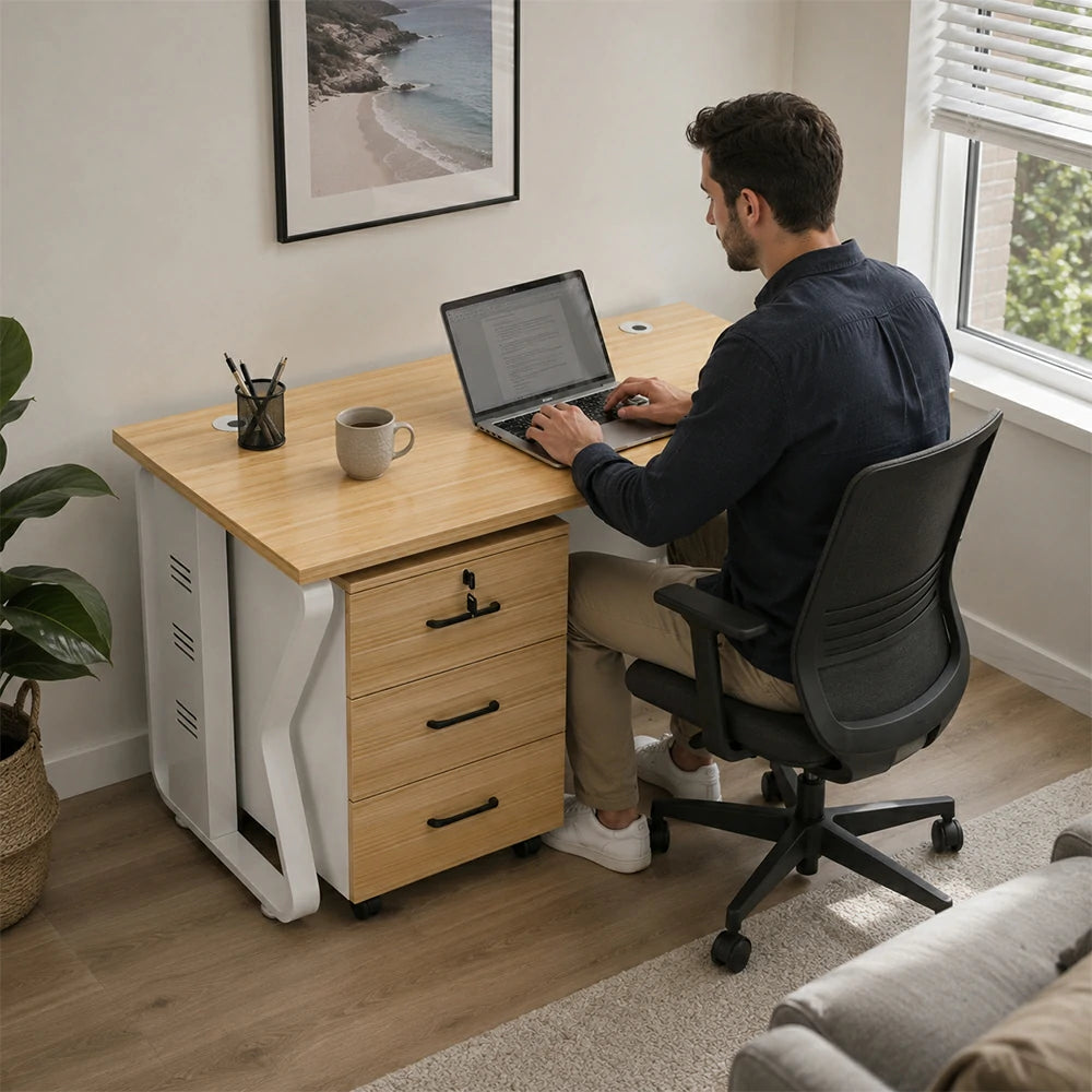 LIVARA Single Office Desk with Mobile Cabinet 120cm Workstation with Cable Management, E1 Board & Steel Frame - Light Walnut & White