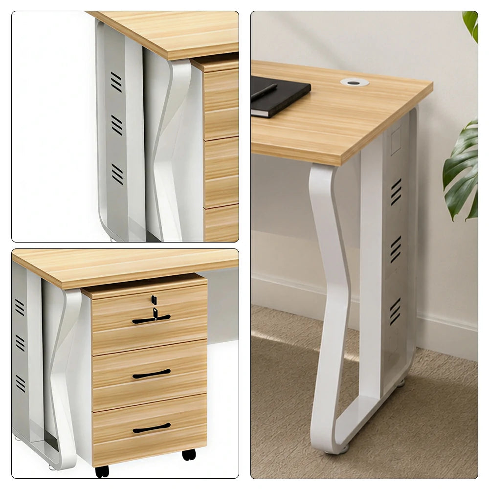 LIVARA Single Office Desk with Mobile Cabinet 120cm Workstation with Cable Management, E1 Board & Steel Frame - Light Walnut & White