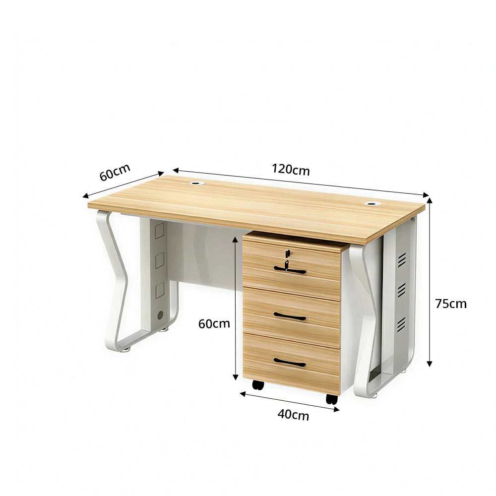 LIVARA Single Office Desk with Mobile Cabinet 120cm Workstation with Cable Management, E1 Board & Steel Frame - Light Walnut & White