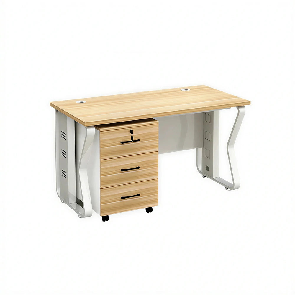 LIVARA Single Office Desk with Mobile Cabinet 120cm Workstation with Cable Management, E1 Board & Steel Frame - Light Walnut & White