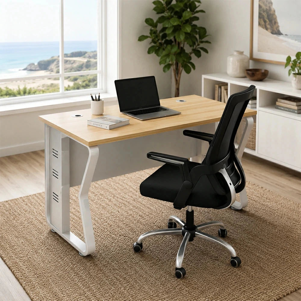 LIVARA Single Office Desk with Chair 120cm Workstation with Cable Management, E1 Board & Steel Frame - Light Walnut & White