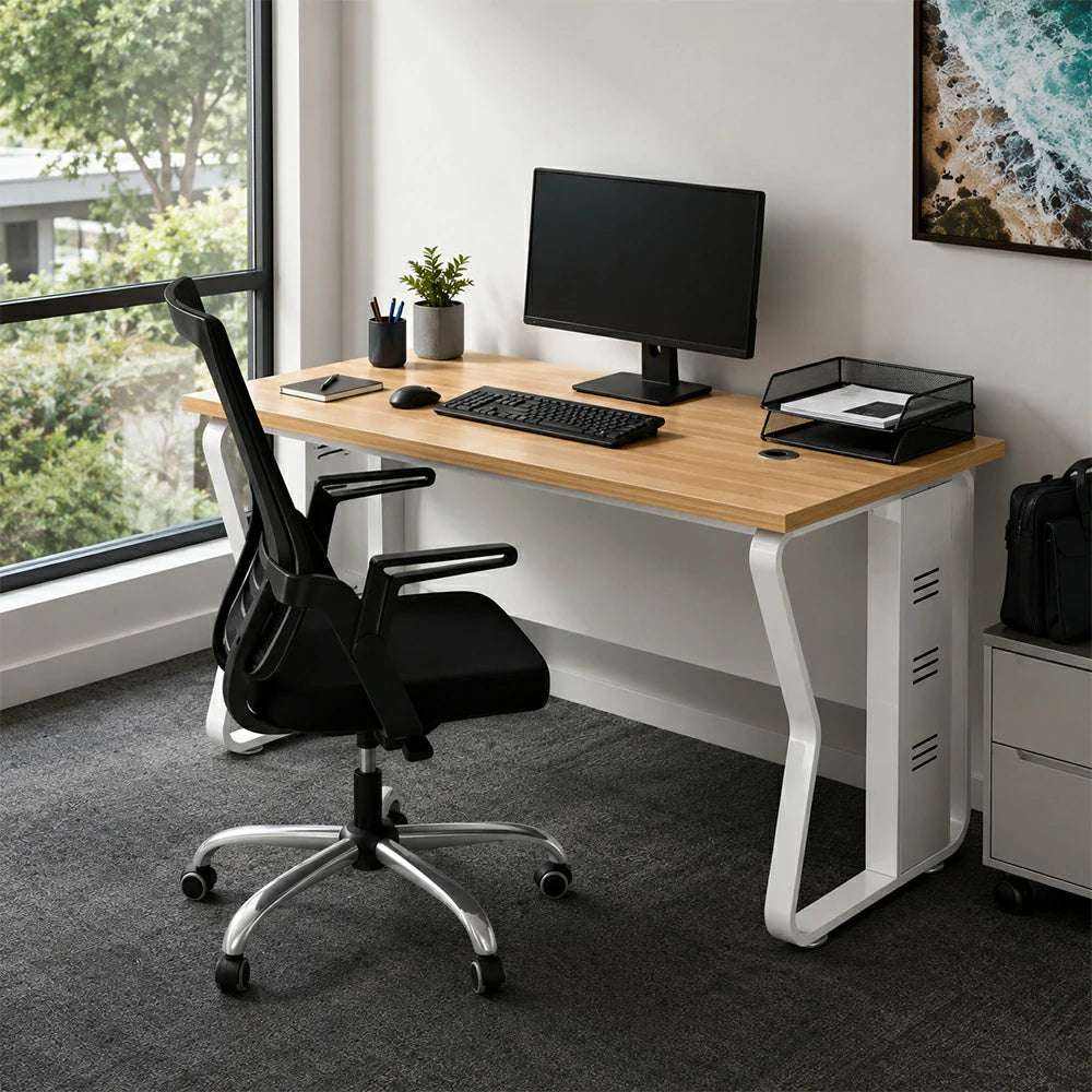 LIVARA Single Office Desk with Chair 120cm Workstation with Cable Management, E1 Board & Steel Frame - Light Walnut & White