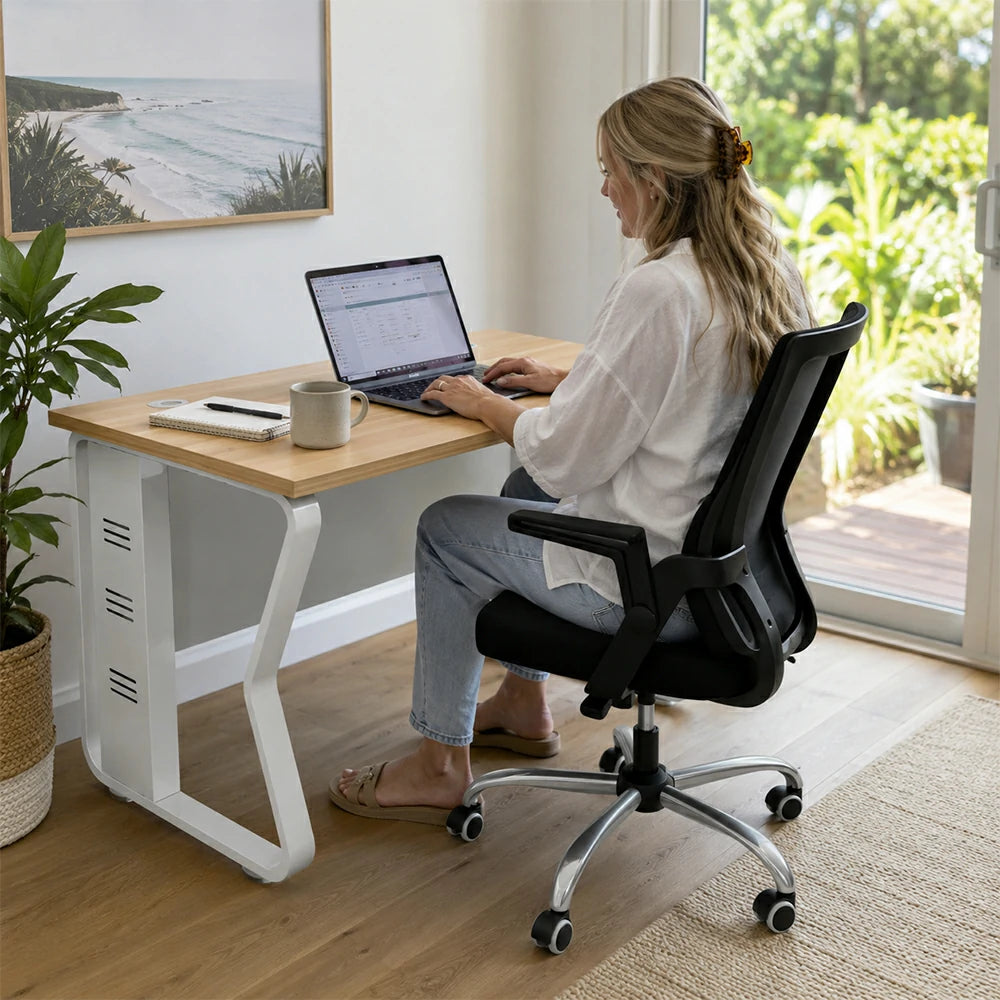 LIVARA Single Office Desk with Chair 120cm Workstation with Cable Management, E1 Board & Steel Frame - Light Walnut & White