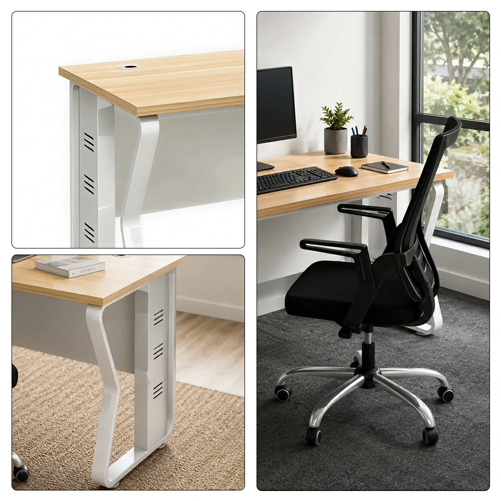 LIVARA Single Office Desk with Chair 120cm Workstation with Cable Management, E1 Board & Steel Frame - Light Walnut & White