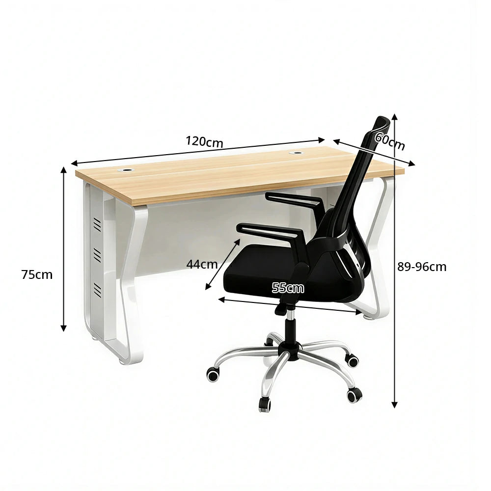 LIVARA Single Office Desk with Chair 120cm Workstation with Cable Management, E1 Board & Steel Frame - Light Walnut & White