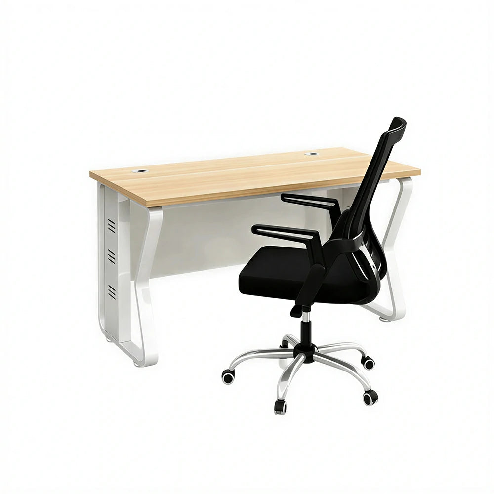 LIVARA Single Office Desk with Chair 120cm Workstation with Cable Management, E1 Board & Steel Frame - Light Walnut & White