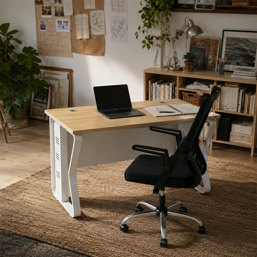 LIVARA Single Office Desk with Chair 120cm Workstation with Cable Management, E1 Board & Steel Frame - Light Walnut & White