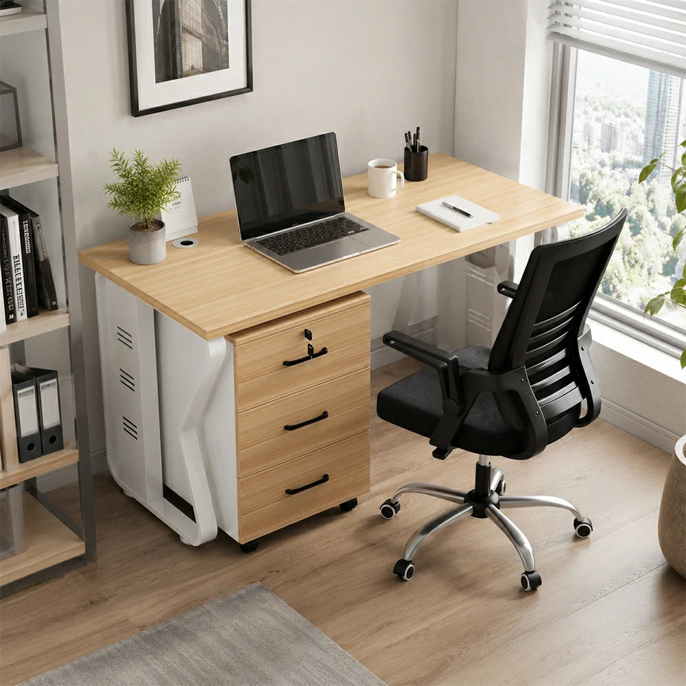 LIVARA Single Office Desk Set 120cm Workstation with Mobile Cabinet, Chair, Cable Management & Steel Frame - Light Walnut & White