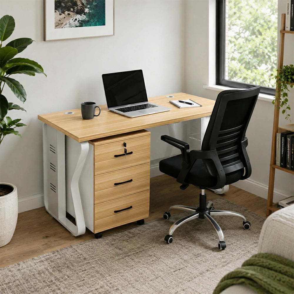 LIVARA Single Office Desk Set 120cm Workstation with Mobile Cabinet, Chair, Cable Management & Steel Frame - Light Walnut & White