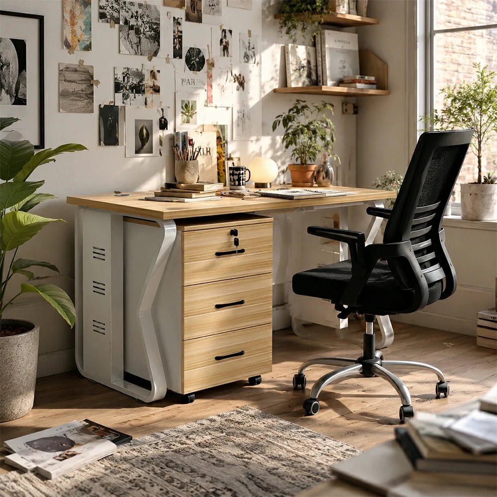 LIVARA Single Office Desk Set 120cm Workstation with Mobile Cabinet, Chair, Cable Management & Steel Frame - Light Walnut & White
