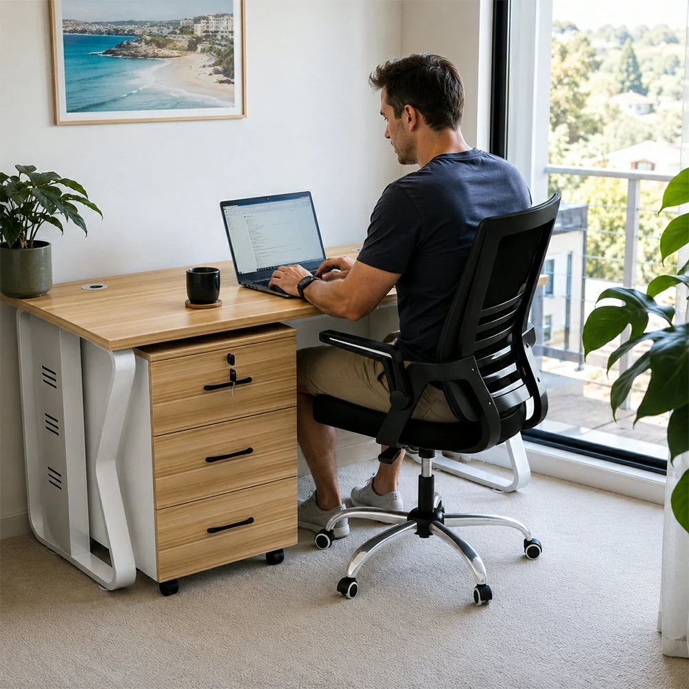 LIVARA Single Office Desk Set 120cm Workstation with Mobile Cabinet, Chair, Cable Management & Steel Frame - Light Walnut & White