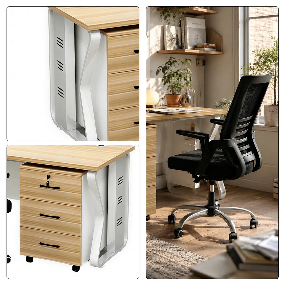 LIVARA Single Office Desk Set 120cm Workstation with Mobile Cabinet, Chair, Cable Management & Steel Frame - Light Walnut & White