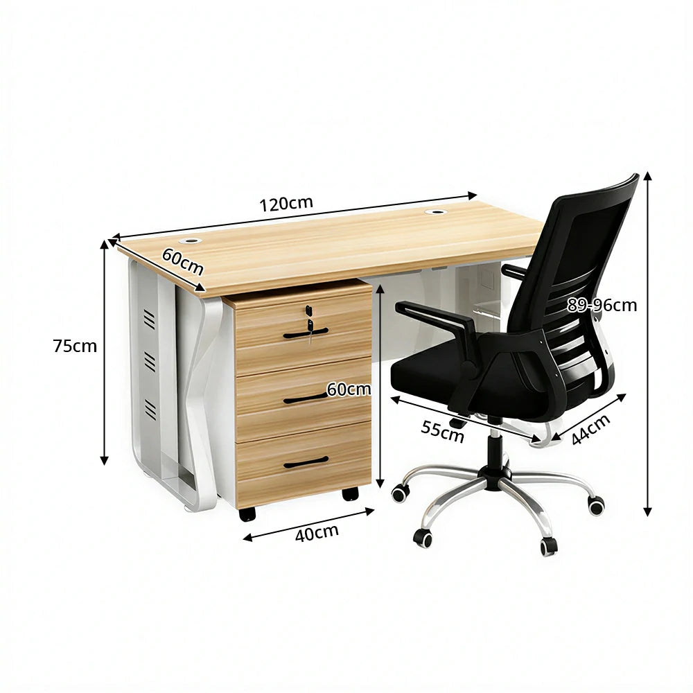 LIVARA Single Office Desk Set 120cm Workstation with Mobile Cabinet, Chair, Cable Management & Steel Frame - Light Walnut & White