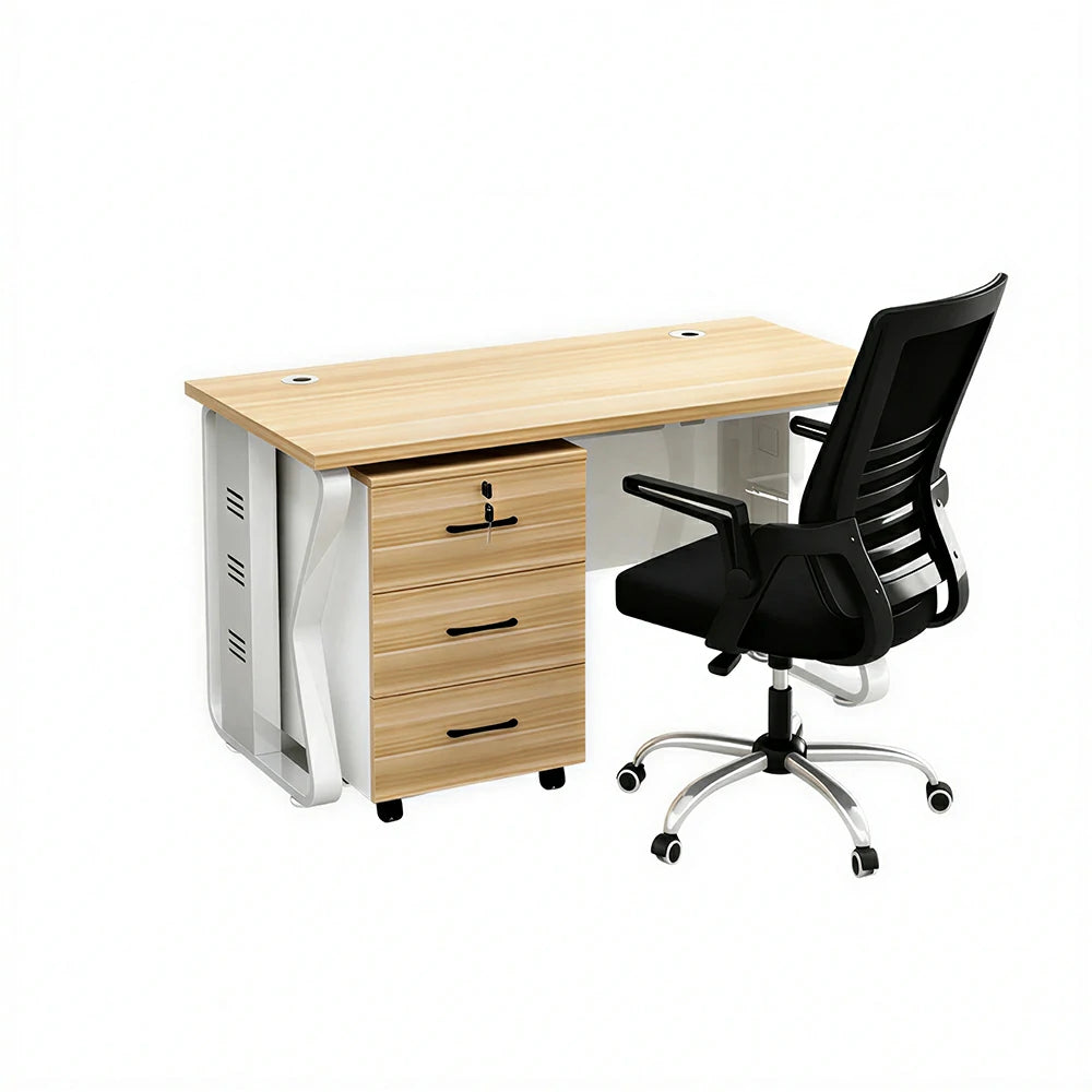 LIVARA Single Office Desk Set 120cm Workstation with Mobile Cabinet, Chair, Cable Management & Steel Frame - Light Walnut & White