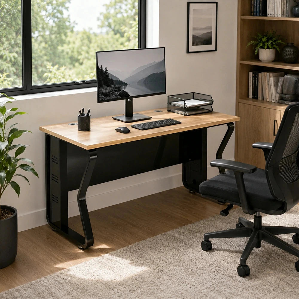 LIVARA Single Office Desk 120cm Workstation with Cable Management, E1 Board & Steel Frame - Light Walnut & Black