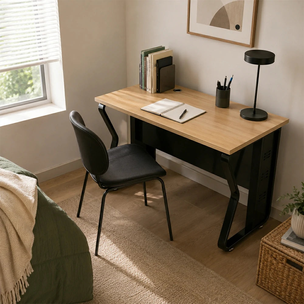 LIVARA Single Office Desk 120cm Workstation with Cable Management, E1 Board & Steel Frame - Light Walnut & Black