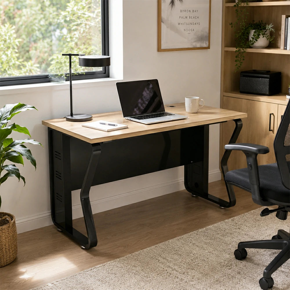 LIVARA Single Office Desk 120cm Workstation with Cable Management, E1 Board & Steel Frame - Light Walnut & Black