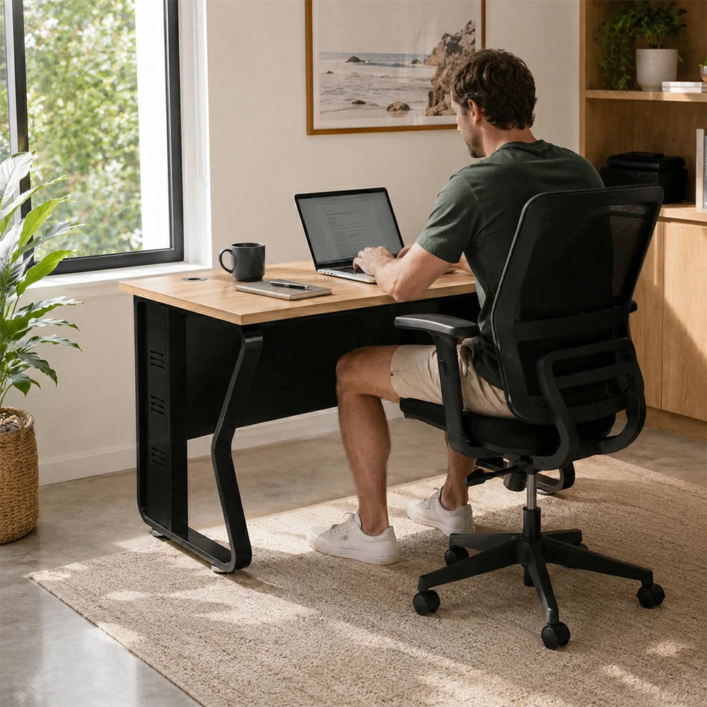 LIVARA Single Office Desk 120cm Workstation with Cable Management, E1 Board & Steel Frame - Light Walnut & Black