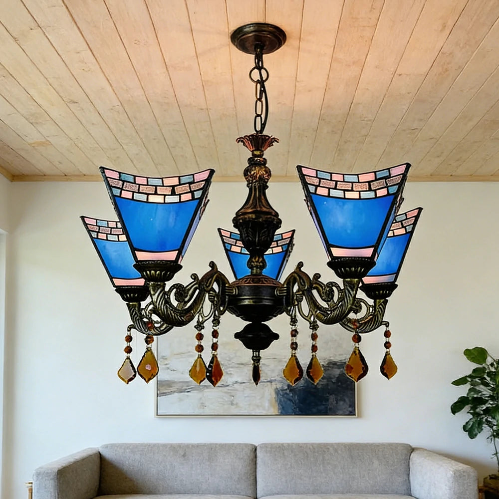 LIVARA 5-Light Stained Glass Chandelier Vintage Pendant Light Adjustable Chain 60x80cm for Dining Living Room - Navy Blue