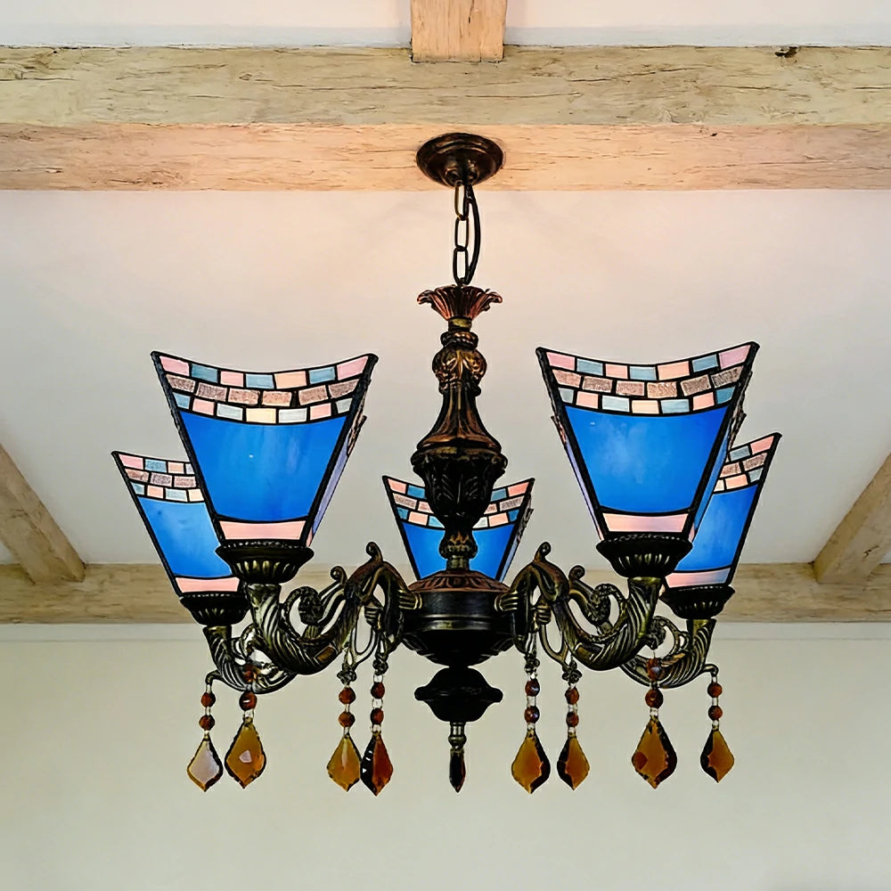 LIVARA 5-Light Stained Glass Chandelier Vintage Pendant Light Adjustable Chain 60x80cm for Dining Living Room - Navy Blue