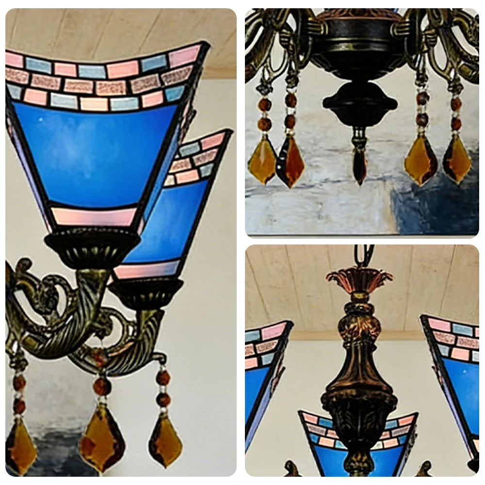 LIVARA 5-Light Stained Glass Chandelier Vintage Pendant Light Adjustable Chain 60x80cm for Dining Living Room - Navy Blue