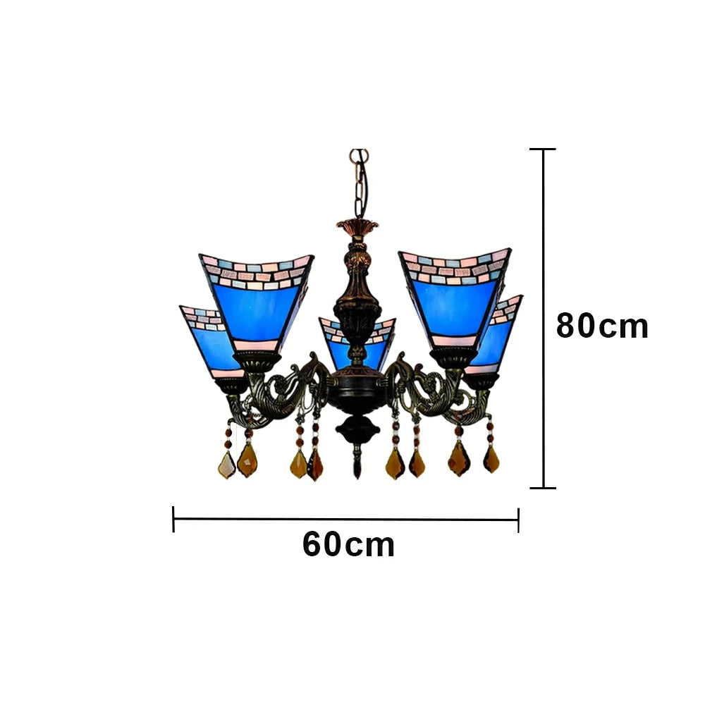 LIVARA 5-Light Stained Glass Chandelier Vintage Pendant Light Adjustable Chain 60x80cm for Dining Living Room - Navy Blue