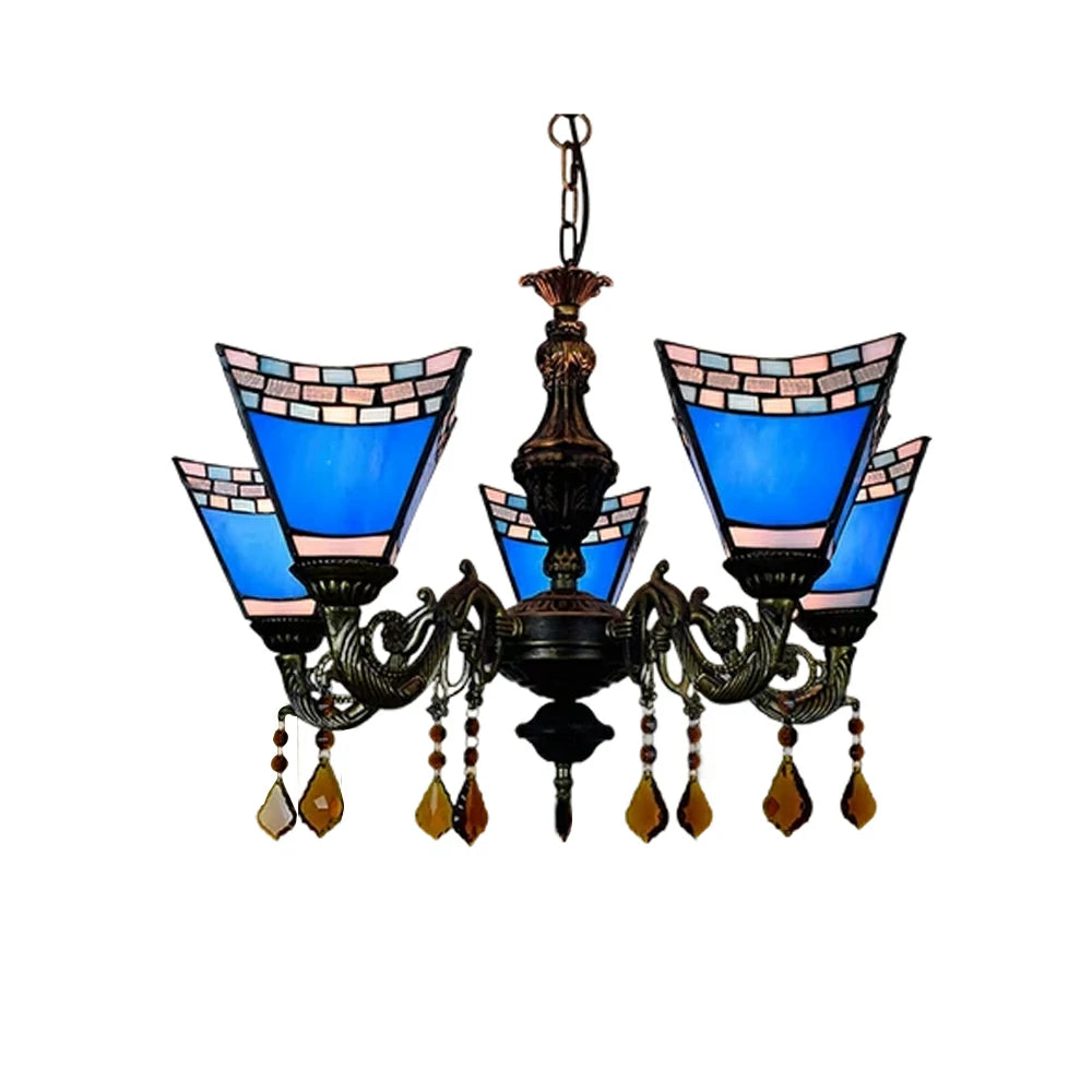 LIVARA 5-Light Stained Glass Chandelier Vintage Pendant Light Adjustable Chain 60x80cm for Dining Living Room - Navy Blue