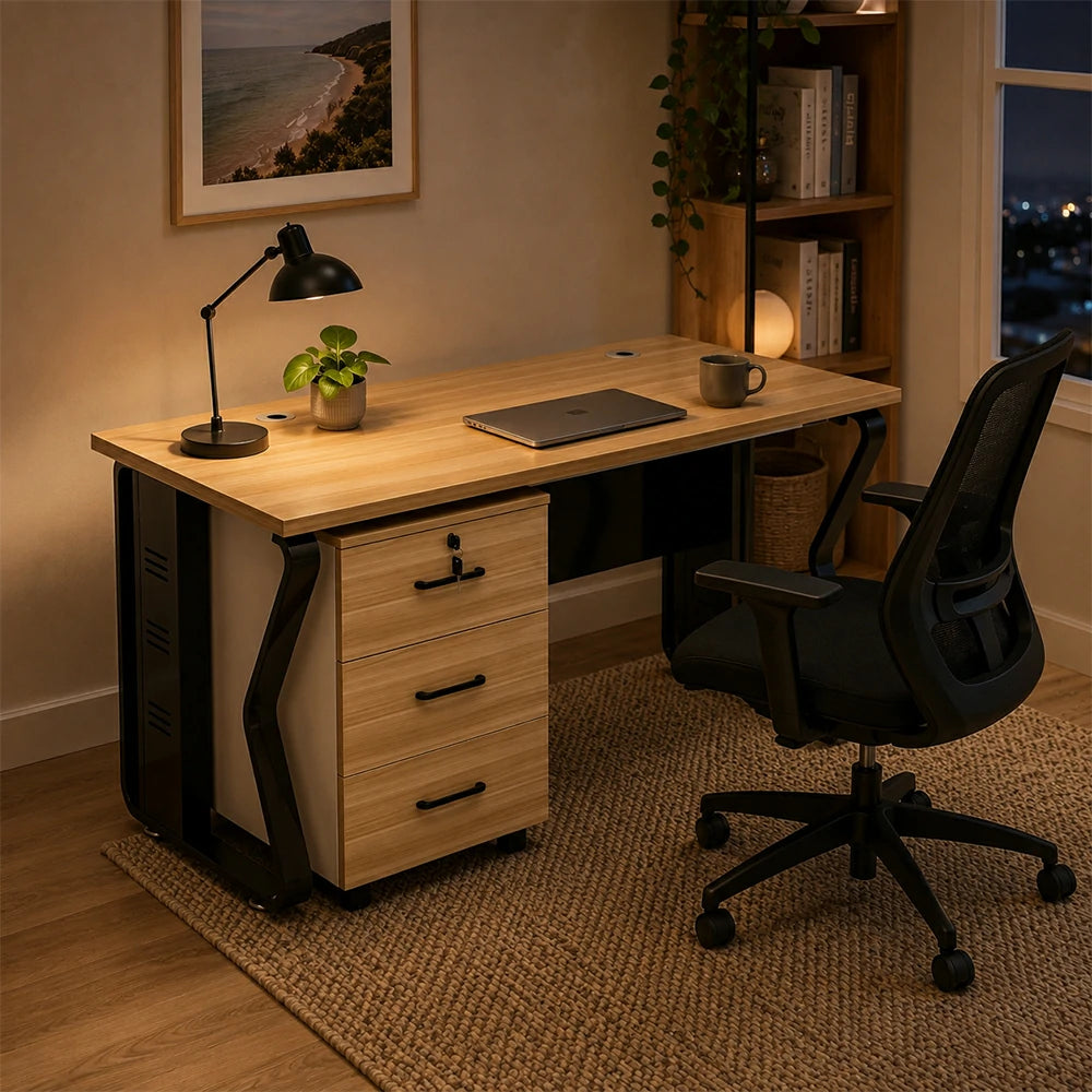 LIVARA Single Office Desk with Mobile Cabinet 120cm Workstation with Cable Management, E1 Board & Steel Frame - Light Walnut & Black