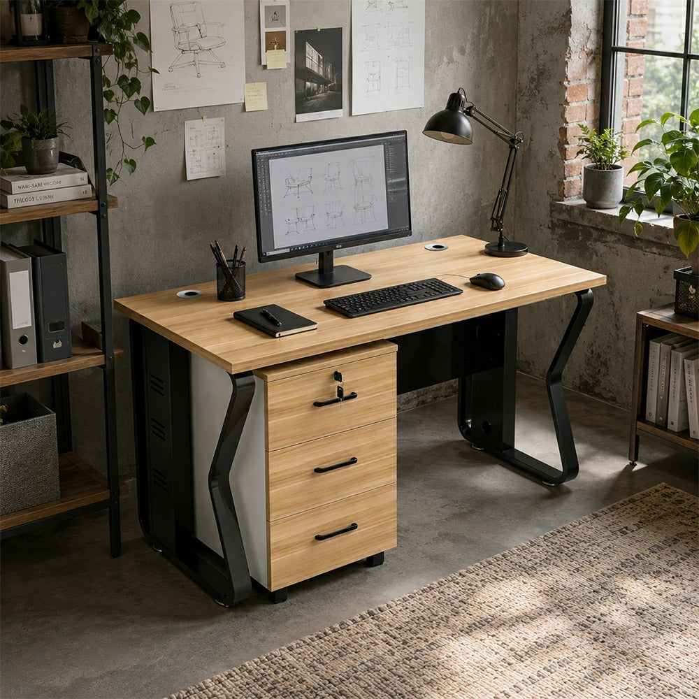 LIVARA Single Office Desk with Mobile Cabinet 120cm Workstation with Cable Management, E1 Board & Steel Frame - Light Walnut & Black