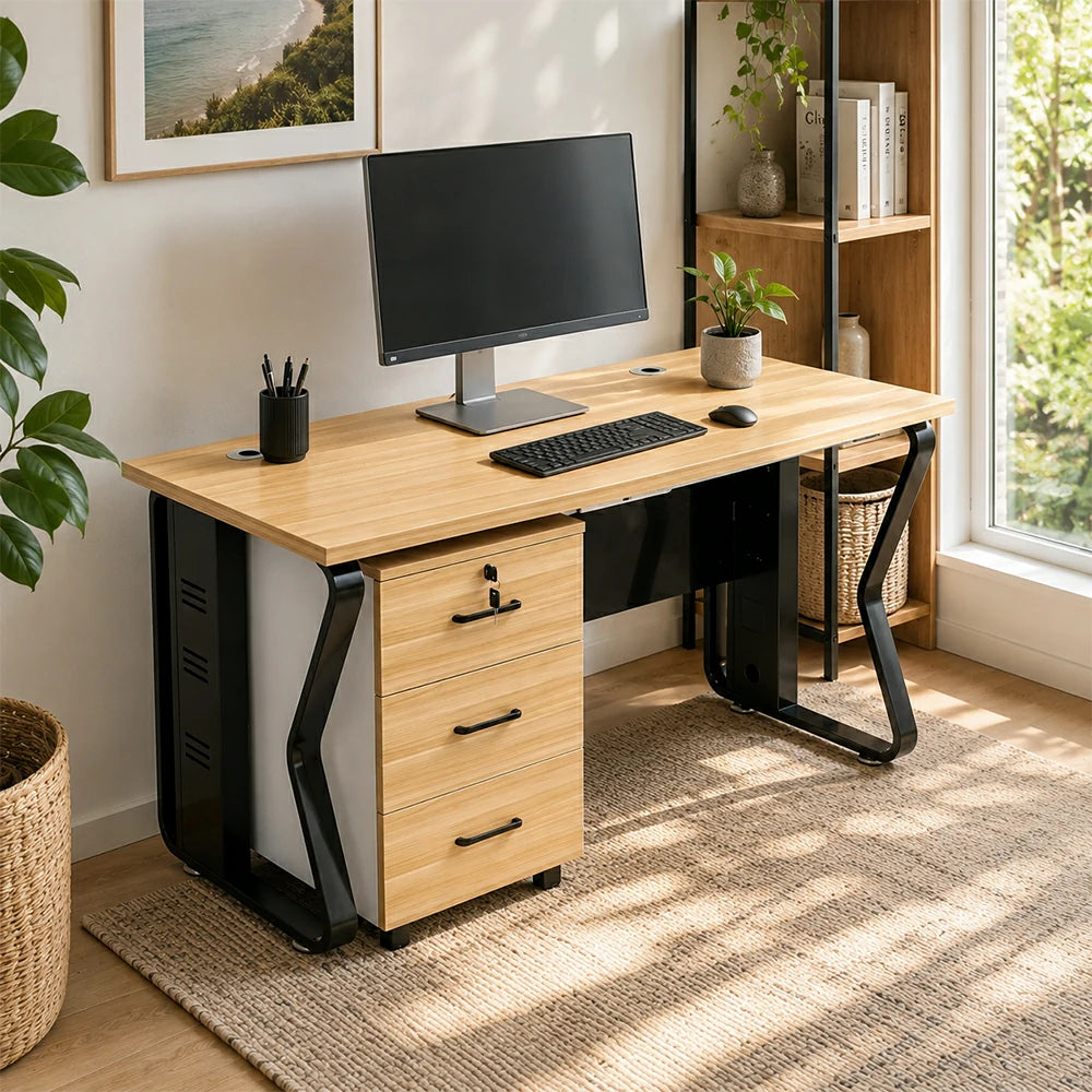 LIVARA Single Office Desk with Mobile Cabinet 120cm Workstation with Cable Management, E1 Board & Steel Frame - Light Walnut & Black