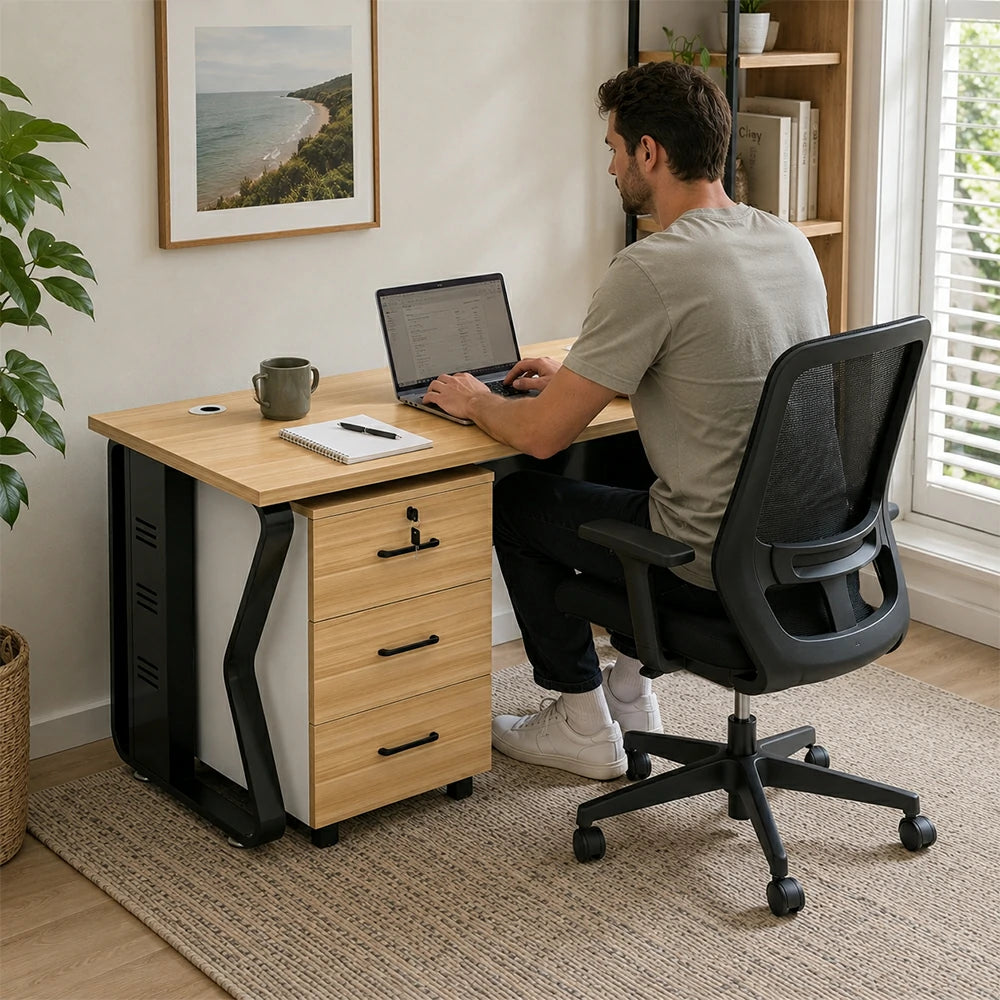 LIVARA Single Office Desk with Mobile Cabinet 120cm Workstation with Cable Management, E1 Board & Steel Frame - Light Walnut & Black