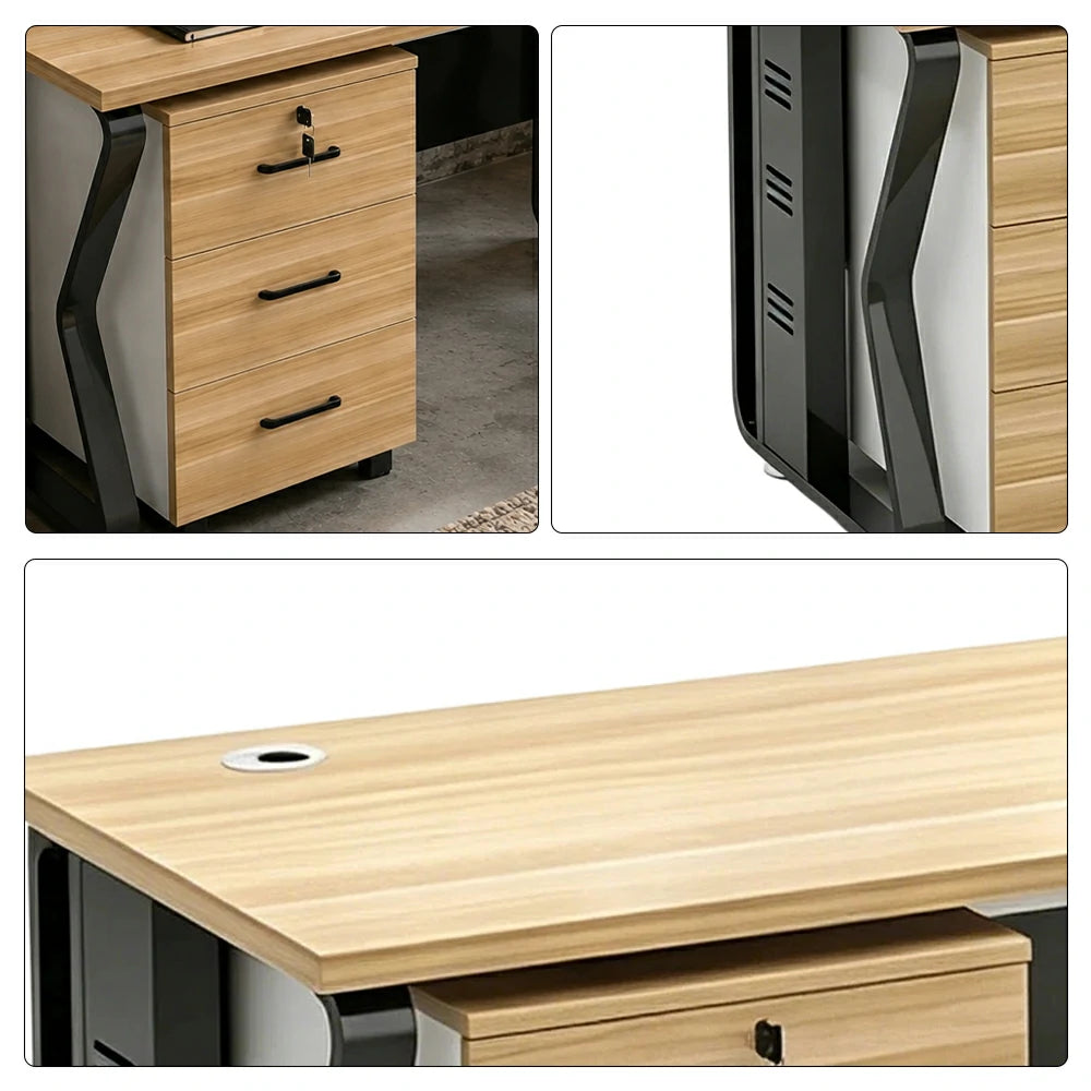 LIVARA Single Office Desk with Mobile Cabinet 120cm Workstation with Cable Management, E1 Board & Steel Frame - Light Walnut & Black