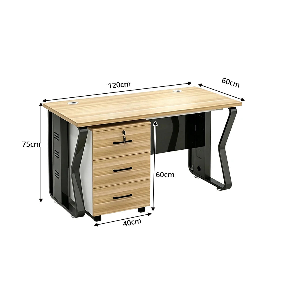 LIVARA Single Office Desk with Mobile Cabinet 120cm Workstation with Cable Management, E1 Board & Steel Frame - Light Walnut & Black