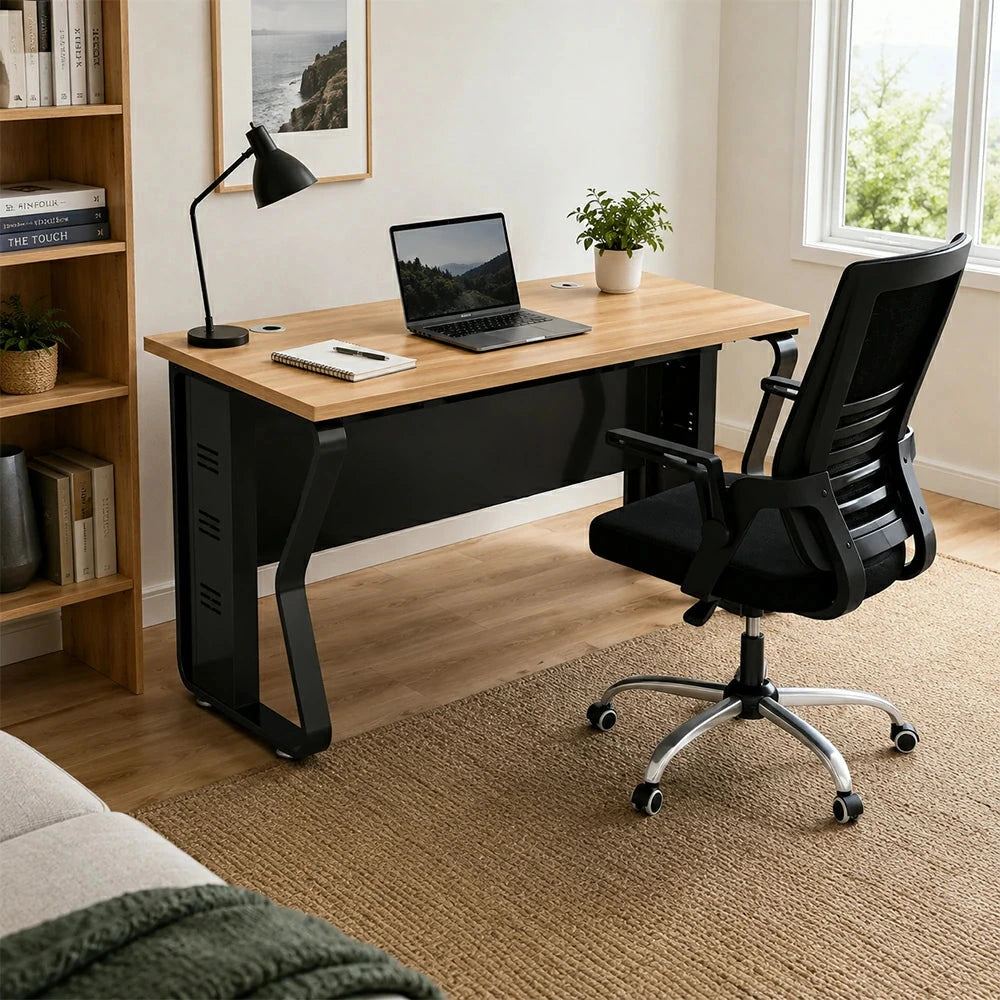 LIVARA Single Office Desk with Chair 120cm Workstation with Cable Management, E1 Board & Steel Frame - Light Walnut & Black