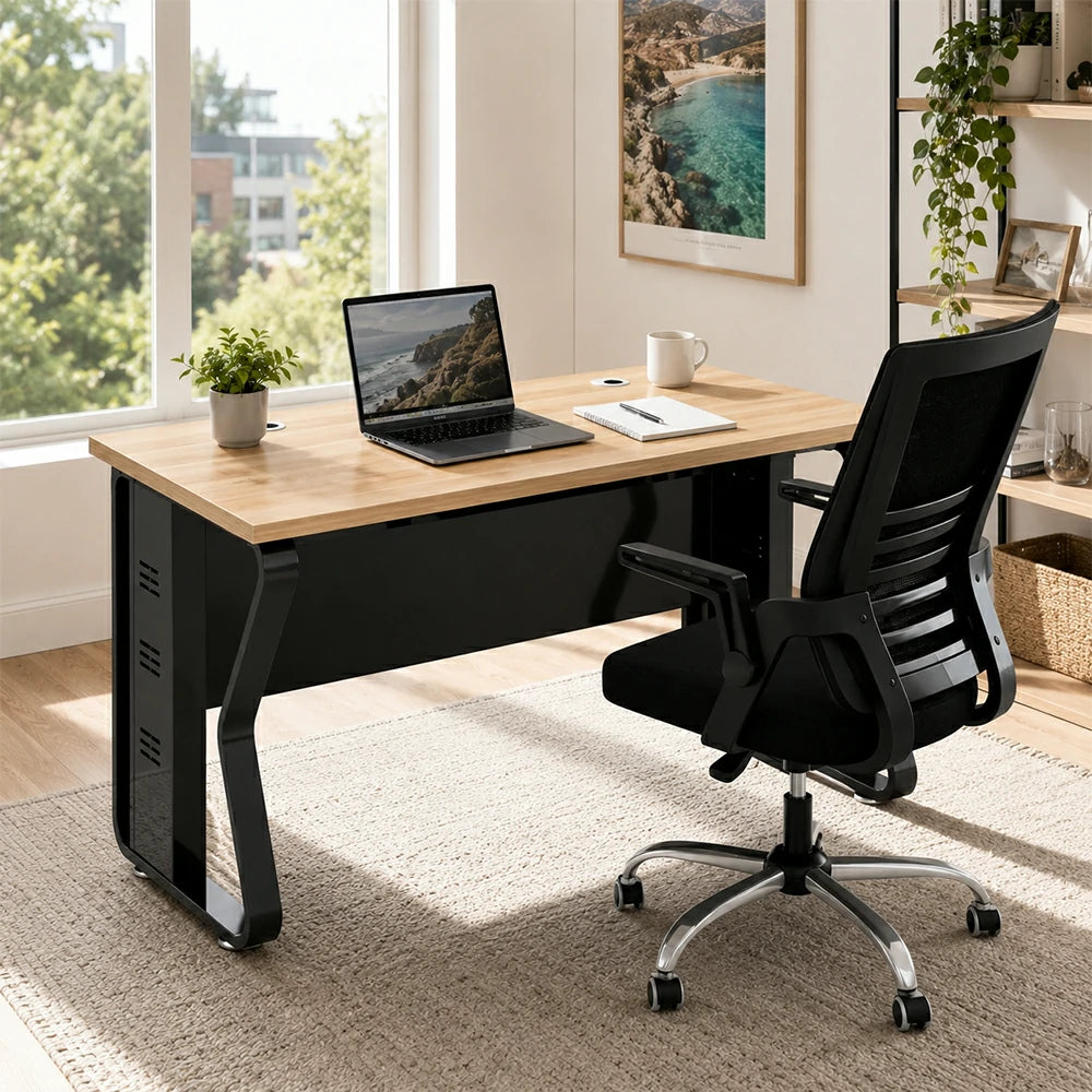 LIVARA Single Office Desk with Chair 120cm Workstation with Cable Management, E1 Board & Steel Frame - Light Walnut & Black