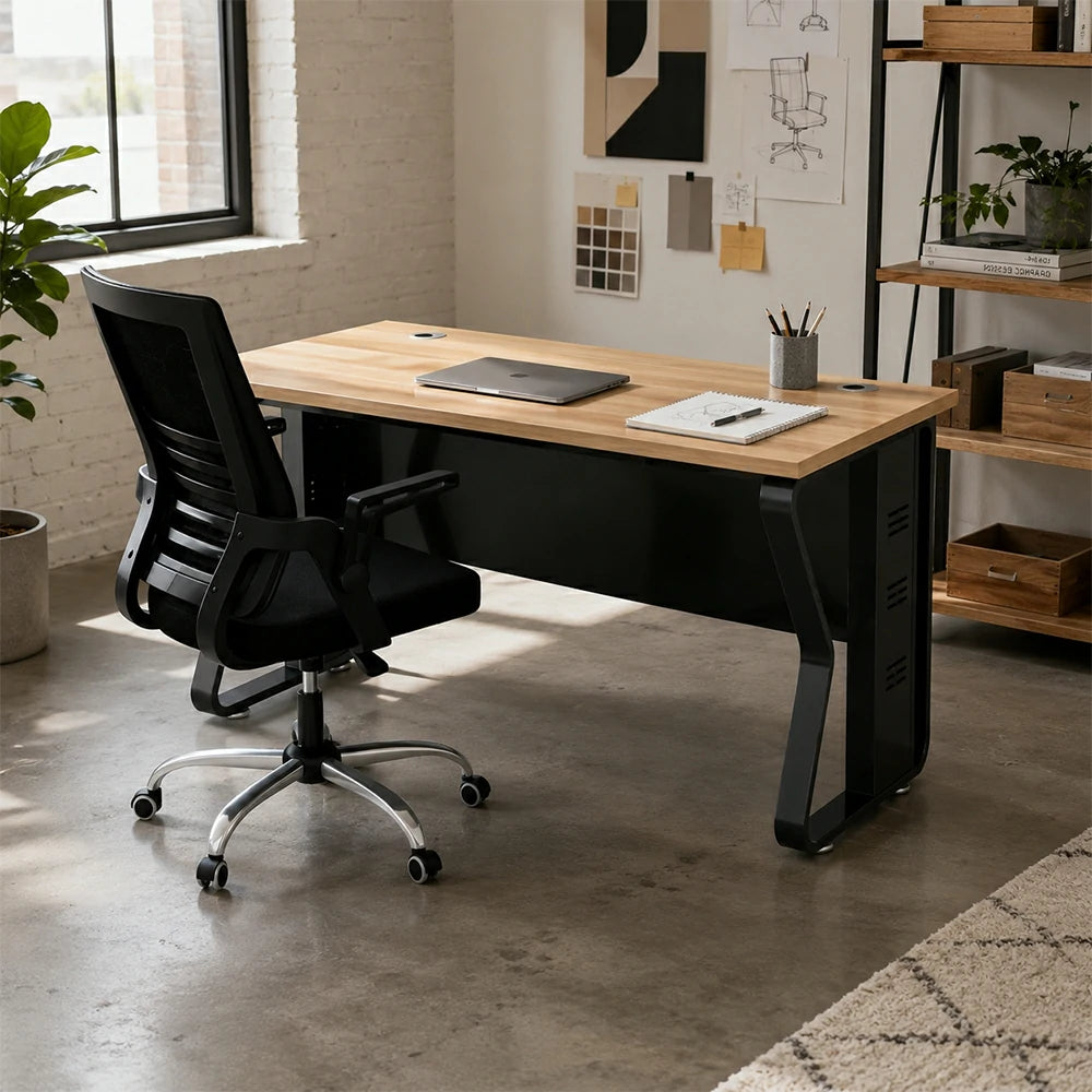 LIVARA Single Office Desk with Chair 120cm Workstation with Cable Management, E1 Board & Steel Frame - Light Walnut & Black