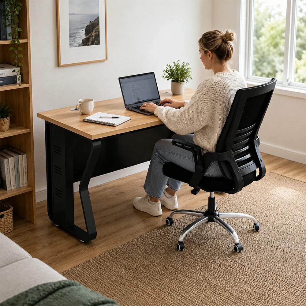 LIVARA Single Office Desk with Chair 120cm Workstation with Cable Management, E1 Board & Steel Frame - Light Walnut & Black